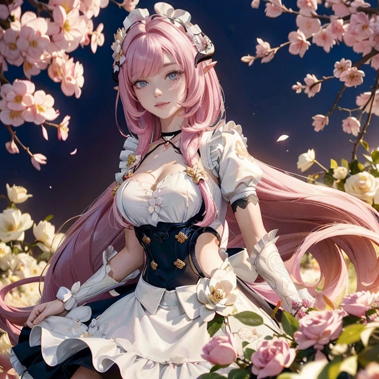  long hair, pink hair, red horns, long flowing hair, floating hair, ornament hair, perfectly body, perfectly hands, dark pink rose on hair, maid, maid dress, maid headdress, maid apron, white apron, on street, petals in the air, blossom peach tree, centered girl, maid dress, red dress, more details on her clothes, dress with transparency, golden details, daylight, smiling, cape, ((4k, masterpiece, top-quality)),8k, best quality, high resolution, HD, (illustration:0.8), super cute girl, delicate and beautiful face, 1girl, solo, mature girl, super cute hairstyle, (beautiful detailed eyes:1.6), extremely detailed face, perfect lighting, extremely detailed CG, (perfect hands, perfect anatomy), Best quality, cleavage, small skirt, full Body,