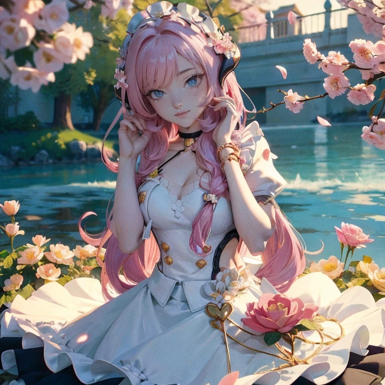 long hair, pink hair, red horns, long flowing hair, floating hair, ornament hair, perfectly body, perfectly hands, dark pink rose on hair, maid, maid dress, maid headdress, maid apron, white apron, on street, petals in the air, blossom peach tree, centered girl, maid dress, red dress, more details on her clothes, dress with transparency, golden details, daylight, smiling, cape, ((4k, masterpiece, top-quality)),8k, best quality, high resolution, HD, (illustration:0.8), super cute girl, delicate and beautiful face, 1girl, solo, mature girl, super cute hairstyle, (beautiful detailed eyes:1.6), extremely detailed face, perfect lighting, extremely detailed CG, (perfect hands, perfect anatomy), Best quality, cleavage, small skirt, full Body,