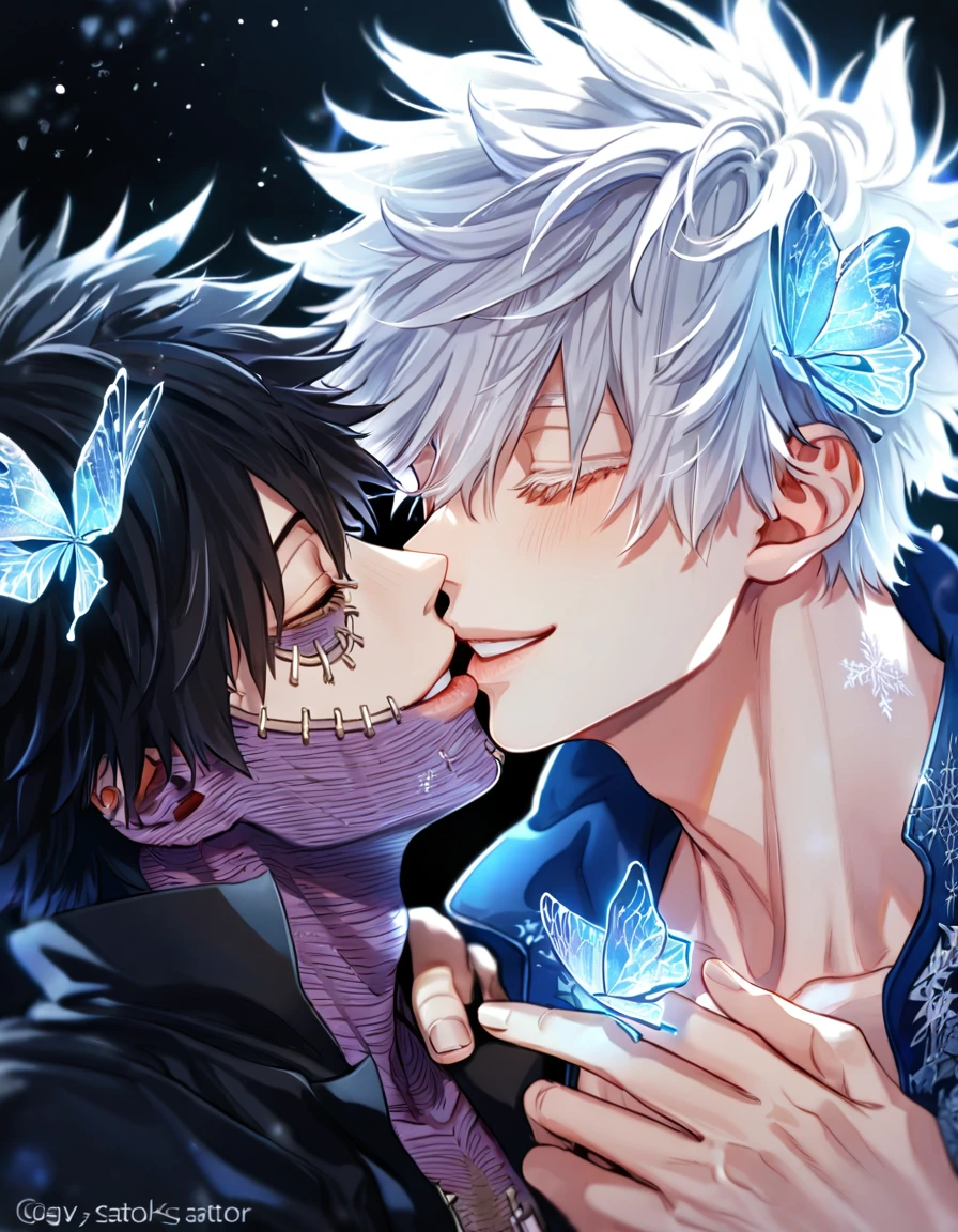 absurdres, highres, ultra detailed, HDR, master piece, best quality, extremely detailed face, delicated features, Dabi, black hair, closed eyes, Boku No Hero Academia, Gojou Satoru, white hair, closed eyes, white eyelashes, two sexy men kissing, yaoi, gay couple, handsome, smiling, blue jacket with fur, black coat, fantasy, magical, ice, blue fire, ice butterflies, snowflakes, starry night