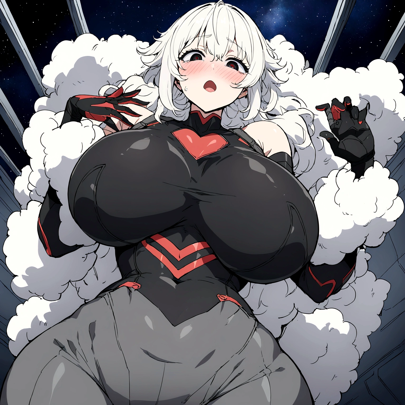 Masterpiece, High quality, High quality of art, best quality, best details, anime lineart, anime style, 1girl,solo,anime, white hair, white fluffy eyelashes, red eyeshadows, black future suit, very big , big , gray future pants, black eyes with white hearts, blushing, yandere, greedy, in space base