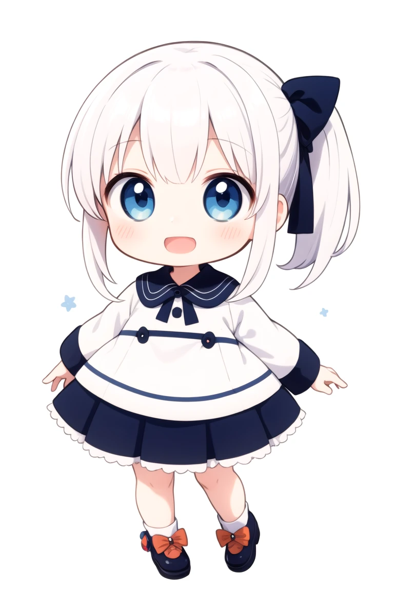 chibi, flat color, solo, full body, cute, (highest quality), blue eye, long hair, white hair, white clothes, side ponytail, Beam with laughter, open mouth, white background, (masterpiece)