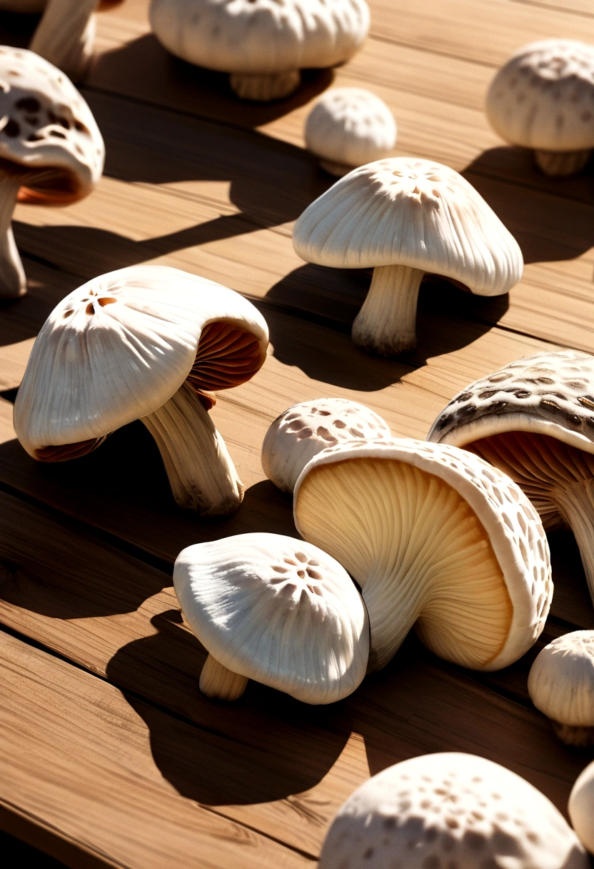 a large white mushrooms on wooden table, delicate mushrooms,freshly picked,ready to be cooked,detailed textures of mushrooms,soft natural lighting,subtle shadows,warm color tones,clean and minimalist composition,high quality,intricate details,photorealistic,elegant still life