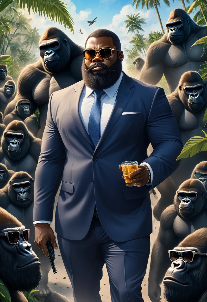 Fat bearded black man with medium eyebrows wearing sunglasses with suit causes swarm behind with gorilla behind with an ak-47 in his hand