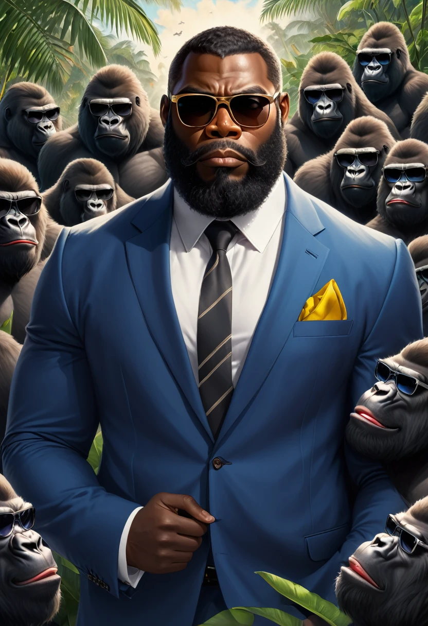 Fat bearded black man with medium eyebrows wearing sunglasses with suit causes swarm behind with gorilla behind with an ak-47 in his hand
