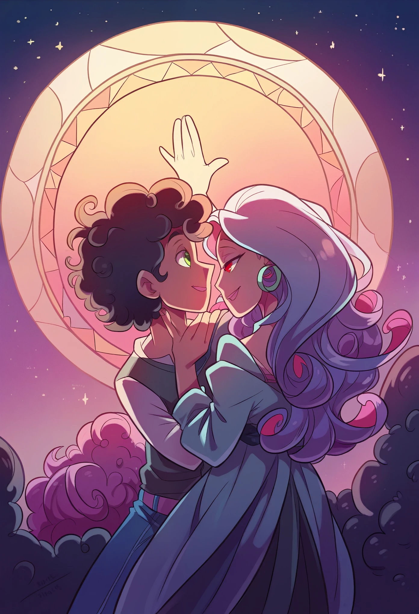 (couple), girl and boy, rear view, 1boy, ((boy with green eyes, short black curly hair)), 1girl, ((girl with red eyes, vibrant pink long hair)), intimate, rich in detail, happy expression, love, long shot, wide angle, (((masterpiece, best quality, aesthetic, heavenly)))
