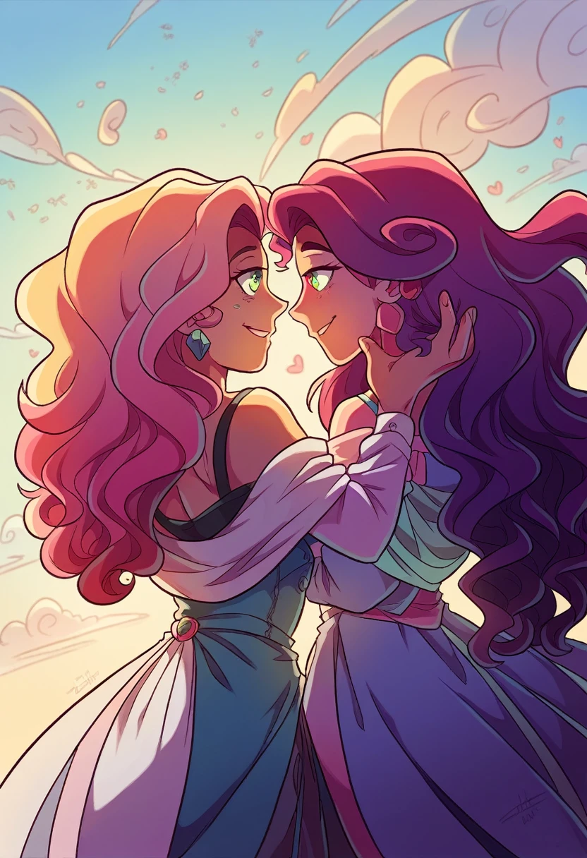 (couple), girl and boy, rear view, 1boy, ((boy with green eyes, short black curly hair)), 1girl, ((girl with red eyes, vibrant pink long hair)), intimate, rich in detail, happy expression, love, long shot, wide angle, (((masterpiece, best quality, aesthetic, heavenly)))