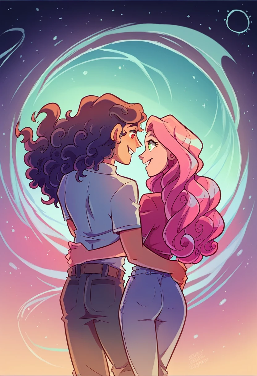 (couple), girl and boy, rear view, 1boy, ((boy with green eyes, short black curly hair)), 1girl, ((girl with red eyes, vibrant pink long hair)), intimate, rich in detail, happy expression, love, long shot, wide angle, (((masterpiece, best quality, aesthetic, heavenly)))
