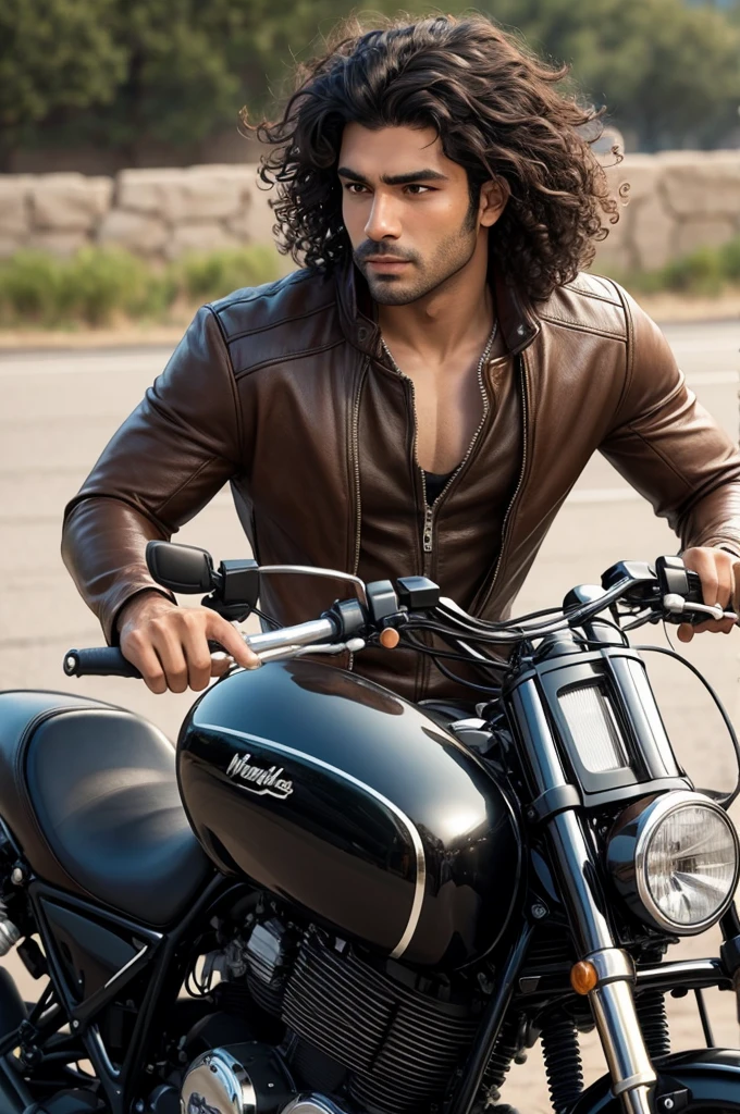 I want a brown man character with curly hair on a motorcycle in grade 
