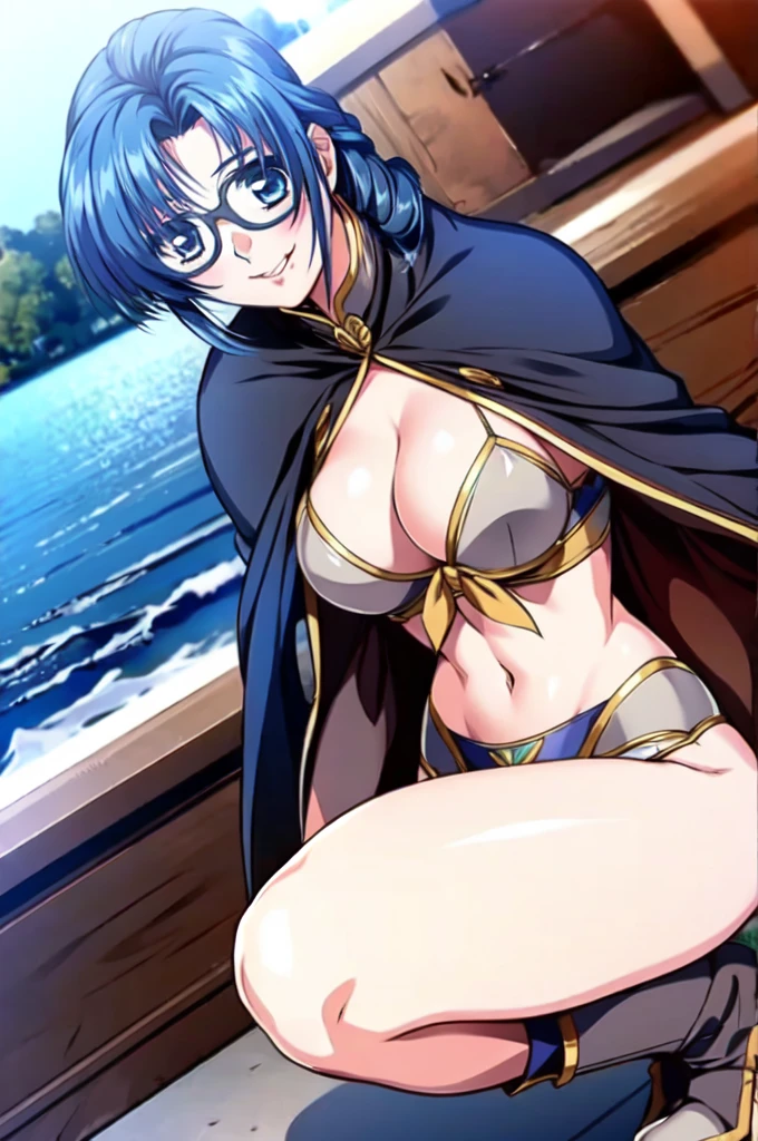 Shirakawa Kosuzu (Lamentation and,Doukoku Soshite), masterpiece, best quality, an attractive sexy woman wearing a 比基尼 armor and squatting in the lake side in front of a warship, 1girl, 独奏, cloak, winged helmet, high leg bottom, boots, 比基尼, navel, breasts, cleavage, smile, looking at viewer, shirakawa_Kosuzu, glasses, braid,