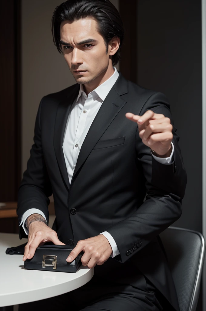 An agent in a black suit sitting at a table holding a briefcase in his right hand and his finger pointing at you in his left hand.