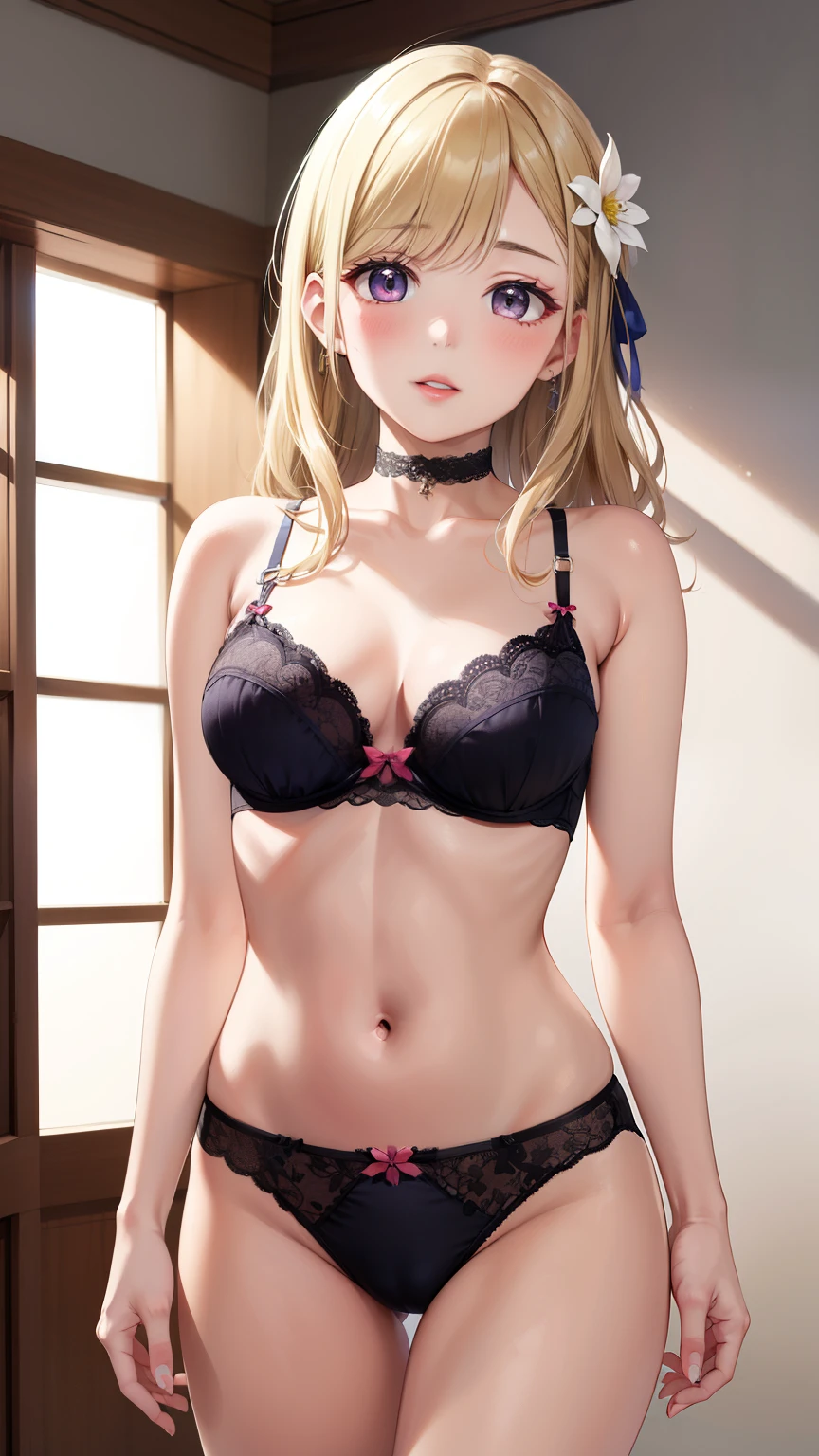 masterpiece, best quality, highly detailed, ultra high res, ayase arisa, kitagawa marin, 1girl, solo, hair ornament, flower in hair, blonde hair, glossy lips, full lips, choker, lace bra, lace panties