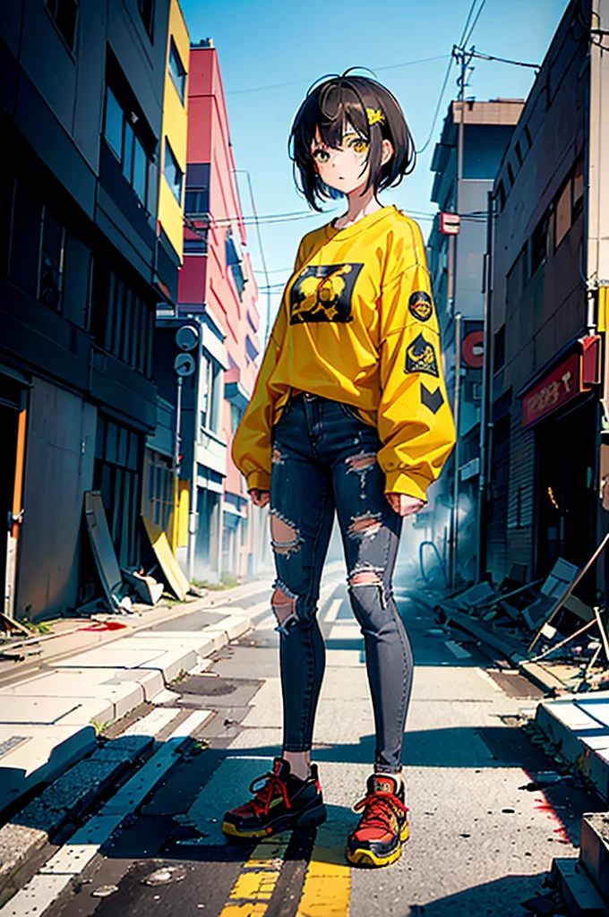 ((1 GIRL)) ((2d anime girl)), ((Japanese)) mature female,18-year-old, ((2d anime girl)), ((short dark-haired)), ((windswept hair)) ((ultra high quality)) ((4k UHD)) ((Best Quality)) ((Daytime)) ((eyes glowing yellow )), wearing a ((black long sleeve shoulderless T-shirt)) with the slogan ((KAIJU)) in RED letters, wearing blue jeans and black and yellow sneakers with (((blood splattered))) on it and her face, standing in the street ((facing toward the camera)) in a ((ruined city)) filled with ((heavily damaged)) and worn (( tall skyscrapers with gaping holes in their structures while on fire)) and ((crushed vehicles on fire)) and small and ((raging fires all around)) and an expressionless look on her face, with a giant monster kaiju-beast in the distance looking furocious.