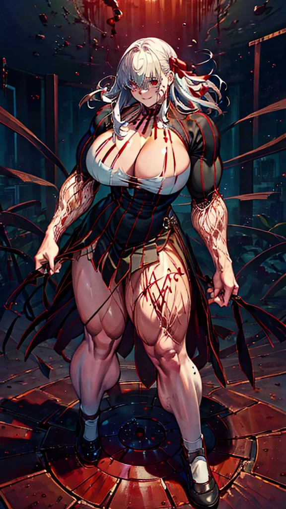 ((bloodstains)), ((respingos de bloodstains)), ((bloodstains nas roupas)), ((mancha de bloodstains)), hospital, (nurse uniform), (has an electric saw), (zombie's), absurderes, foto RAW, extremely delicate and beautiful, Masterpiece artwork, muscular woman, extremamente musculosa extremely large physique, extremely muscular legs, extremely muscular arms, extremely large physique, very muscular,best qualityer, ultra-high resolution, 32k, hyper realist, ultra-detailed, Detailed Description, skin fair, 20 year, crying mole, 耳环, Colossal, short medium hair, wavyhair, evil smile, full body shot, bloodstains, bloodstains no corpo, bloodstains na faca , eu que ro bloodstains, muito bloodstains, coloca bloodstains,