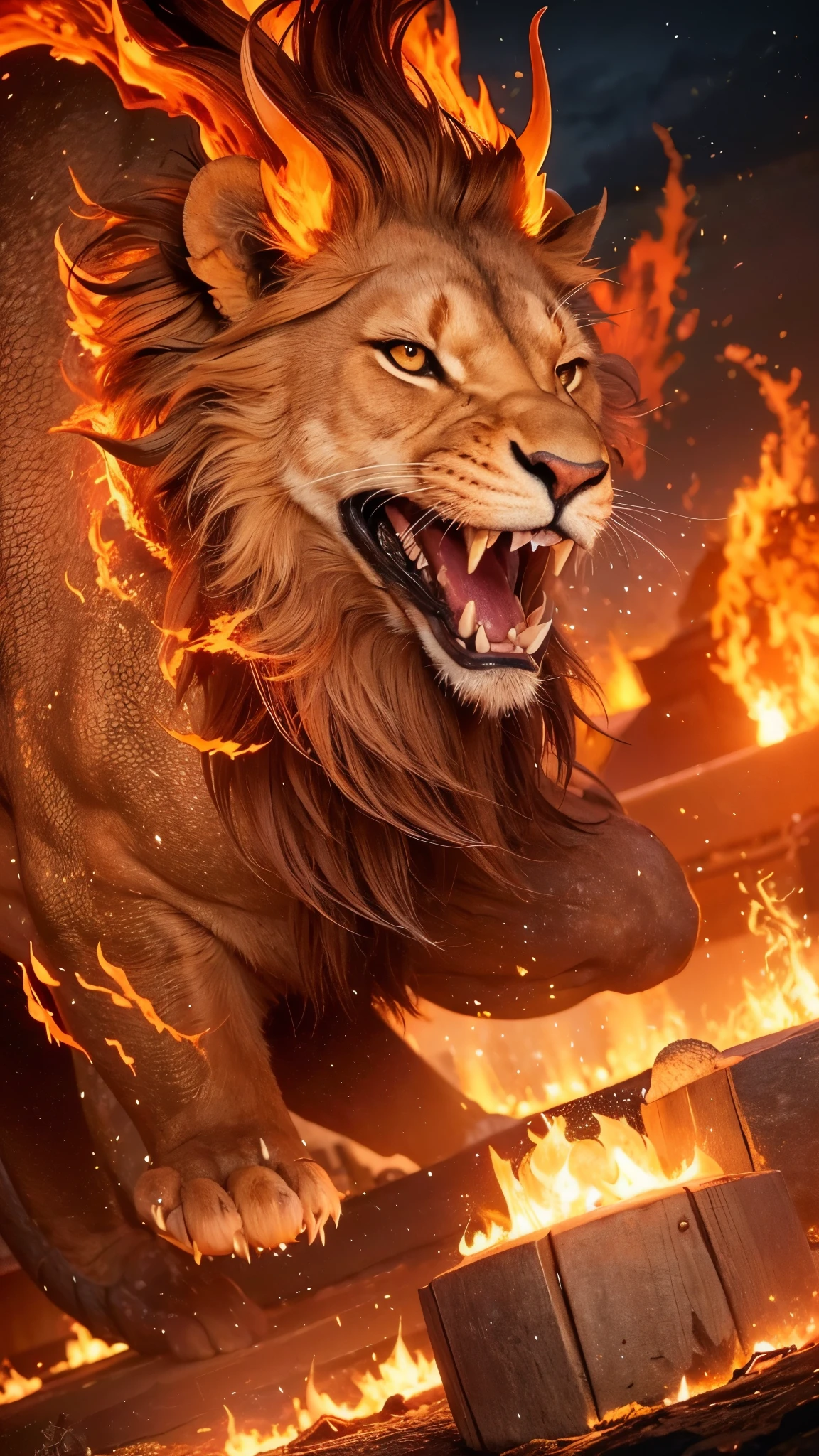 Lion and dragon mix, Horned, Background at night during the full moon, Surrounded by fire, Spouting fire from its mouth, Ferocious and savage, Close-up image