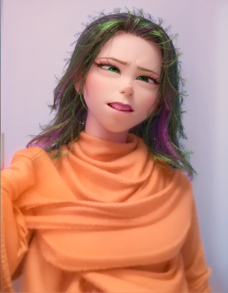 masterpiece, best quality, 1girl, (Disgust_InsideOut, green hair, green skin, pink scarf, dark green dress, eyelashes, solo, (holding a green glowing glass sphere:1.2)),   pixar, cartoon, 3d render, sfw,  