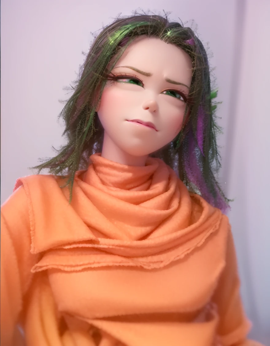masterpiece, best quality, 1girl, (Disgust_InsideOut, green hair, green skin, pink scarf, dark green dress, eyelashes, solo, (holding a green glowing glass sphere:1.2)), pixar, cartoon, 3d render, sfw,