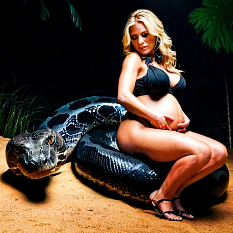 Pregnant Happy Horny, aroused 1girl), beautiful kneeling blonde young girl with giant colossal black titanboa squeezing her hard, wrapped in thick spiraling coils, constricted, struggle, gasping for air, snake attack, snake peril, moonless night, dim light