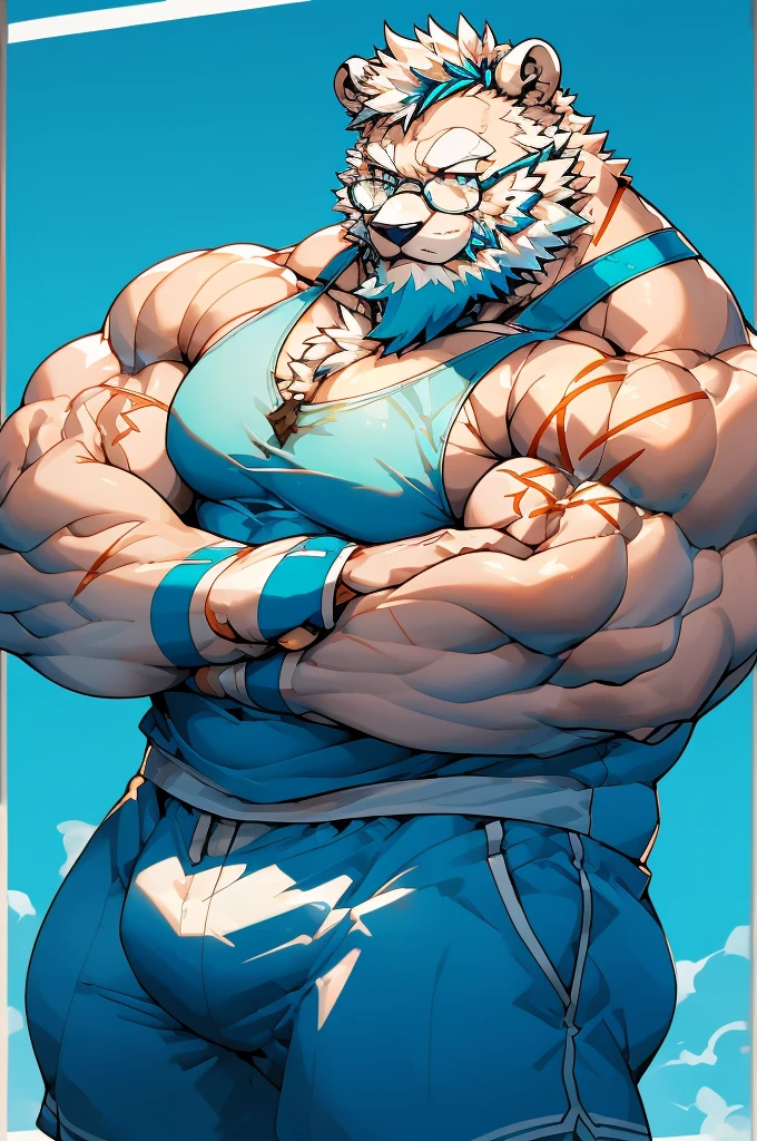 solo, 1boy, Huge Muscular White Polar Bear wearing glasses, huge white fur, pectoral, huge pectoral, wide pectoral, short white hair, blue colored short pants, blue colored wristbands and blue colored tank top, white bearded, white Mustache, white fur, gym background, masterpiece, high detailed, 8k, high resolution, at the gym, raising up two swole arms double bicep posing