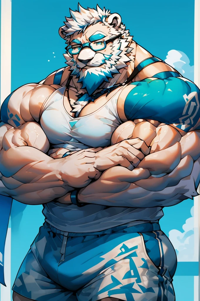 solo, 1boy, Huge Muscular White Polar Bear wearing glasses, huge white fur, pectoral, huge pectoral, wide pectoral, short white hair, blue colored short pants, blue colored wristbands and blue colored tank top, white bearded, white Mustache, white fur, gym background, masterpiece, high detailed, 8k, high resolution, at the gym, raising up two swole arms double bicep posing