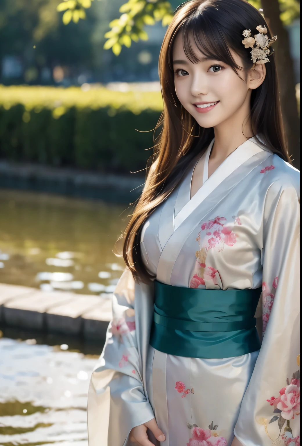 (masterpiece, best quality:1.1), (8K, raw photo, photo realistic:1.2, f22), (shiny skin),japanese,detailed skin,long hair,ribbon,detailed face, detailed eyes,smile,BREAK, real world, intricate details, smil, BREAK, 1girl, full body,(kimono),BREAK ,(morning:1.4)