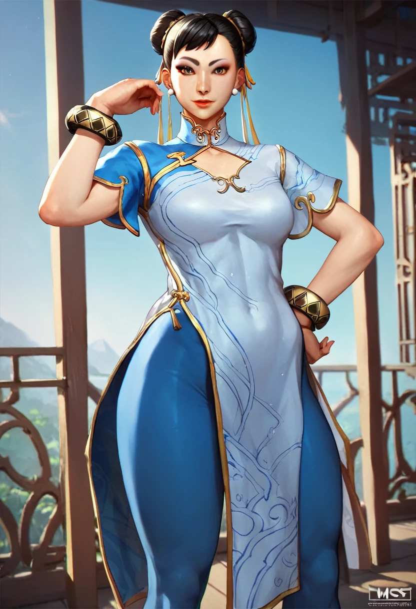score_9, score_8_up, score_7_up, BREAK, score_9, chunliSDXL, 1girl, solo, breasts, looking at viewer, black hair, dress, brown eyes, jewelry, earrings, pants, hair bun, black footwear, bracelet, double bun, makeup, chinese clothes, china dress, blue pants, tight, leggings, tight pants, flats, cowboy shot