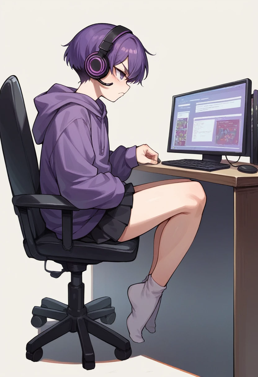 score_9, score_8_up, score_7_up, score_6_up, score_5_up, score_4_up, sideview, sitting on a chair, anime girl, purple short hair, purple hoodie, flat chest, black skirt, girl with headphones, girl gaming in front a computer, computer table, grumpy expression, focus on girl, full body, bad back posture, espalda encorvada