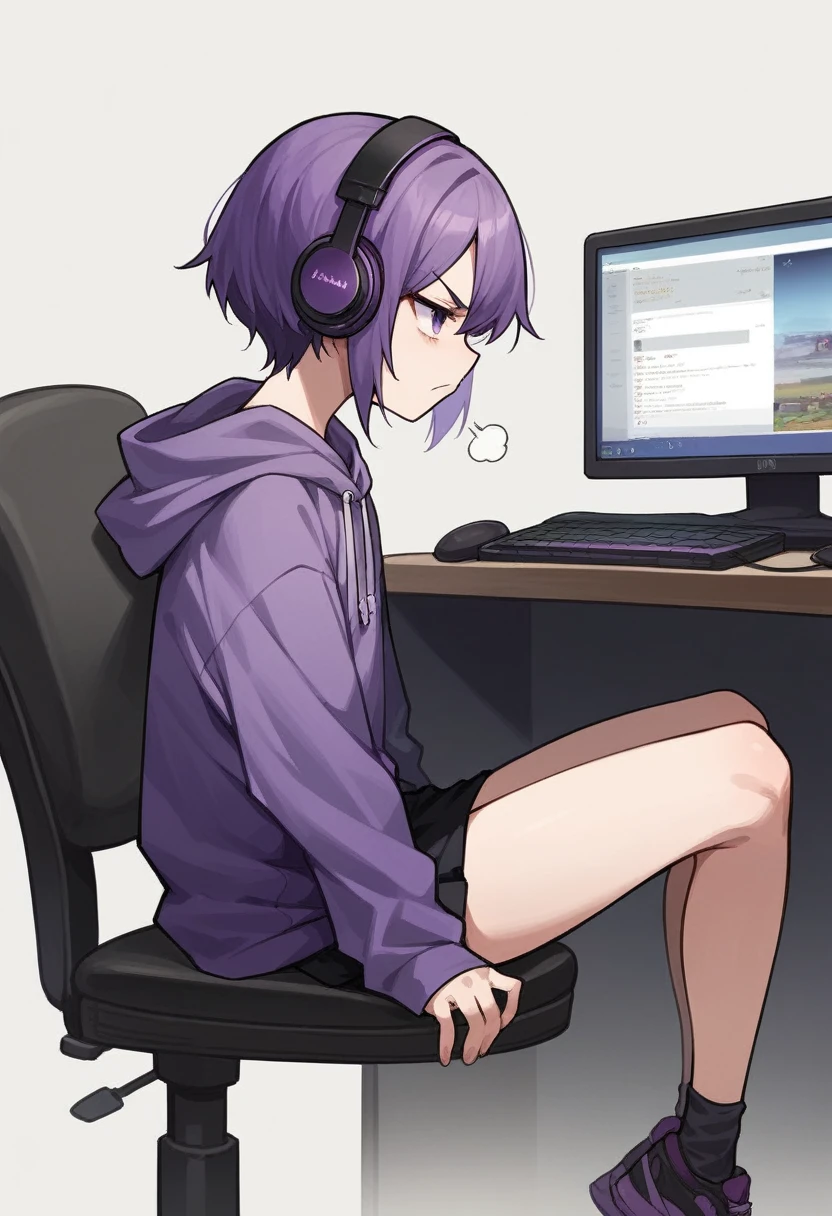score_9, score_8_up, score_7_up, score_6_up, score_5_up, score_4_up, sideview, sitting on a chair, anime girl, purple short hair, purple hoodie, flat chest, black skirt, girl with headphones, girl gaming in front a computer, computer table, grumpy expression, focus on girl, full body, bad back posture, espalda encorvada