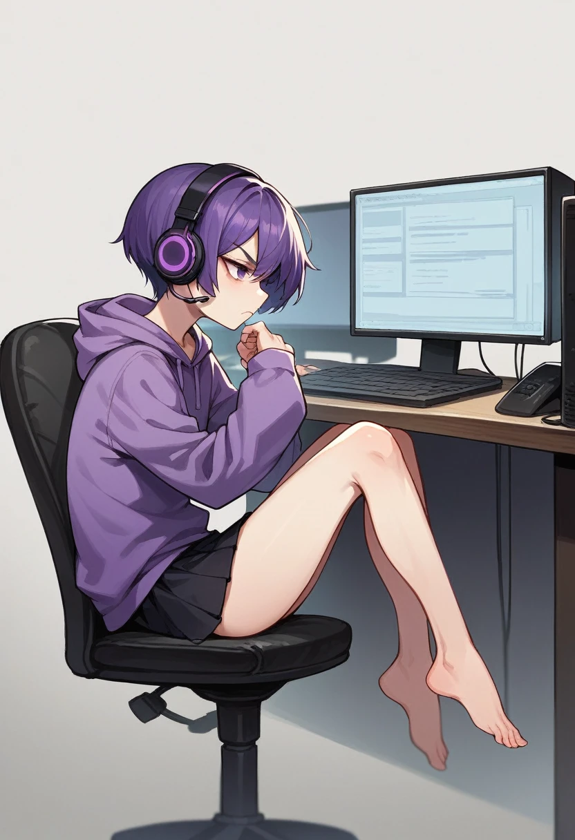 score_9, score_8_up, score_7_up, score_6_up, score_5_up, score_4_up, sideview, sitting on a chair, anime girl, purple short hair, purple hoodie, flat chest, black skirt, girl with headphones, girl gaming in front a computer, computer table, grumpy expression, focus on girl, full body, bad back posture, espalda encorvada