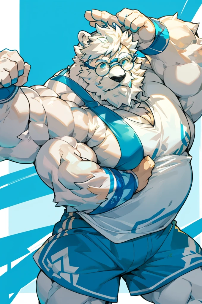 solo, 1boy, Huge Muscular White Polar Bear wearing glasses, huge white fur, pectoral, huge pectoral, wide pectoral, short white hair, blue colored short pants, blue colored wristbands and blue colored tank top, white bearded, white Mustache, white fur, gym background, masterpiece, high detailed, 8k, high resolution, at the gym, raising up two swole arms double bicep posing
