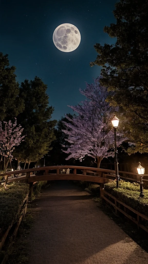 Creates a serene and magical night view. The composition should blend natural elements with the cityscape., Highlight the full moon that lights up the sky. Incorporate vibrant colors, Focus on blue and purple hues、Creates a magical evening atmosphere. A bright full moon should be in the center, casting a glow all around it.. A pink blossoming tree with elegant branches surrounding the top of the image々I will incorporate. Under, Showcasing cityscapes with skyscrapers lit up in various lights. Place a wooden bridge or path in the foreground, Continue to the street, Inviting the audience into this fascinating world. The overall aim is for a calm yet seductive atmosphere, Showcasing the harmonious coexistence of nature and city life under magical moonlight.,
