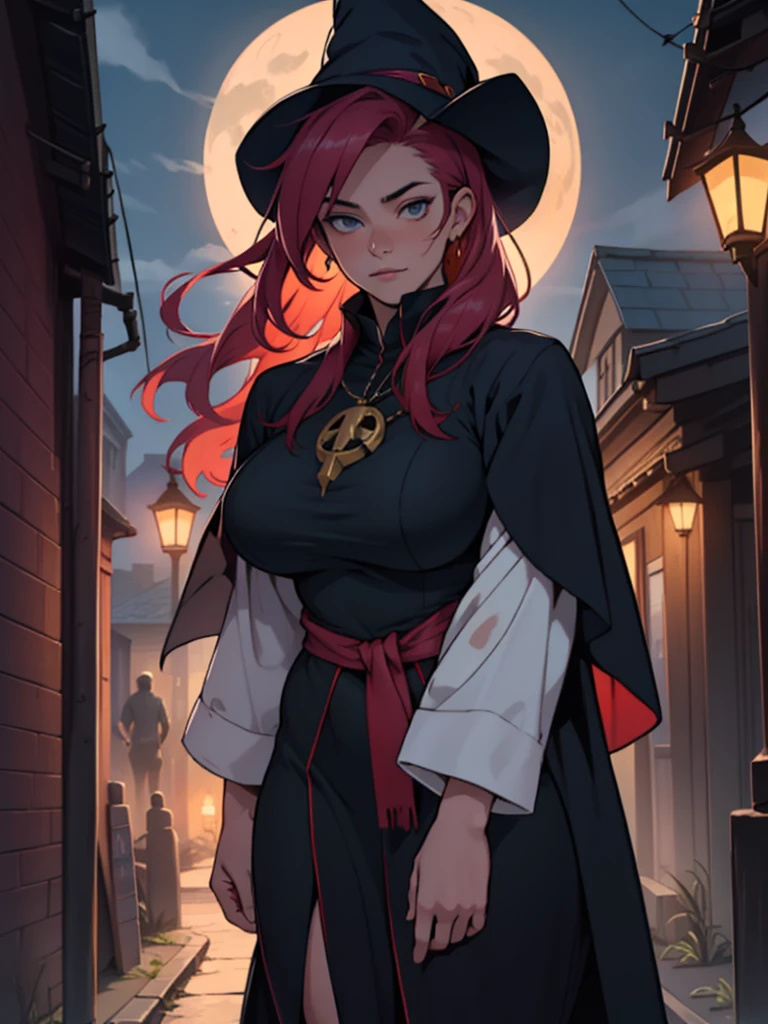 4k, high quality, cowboy shot, digital painting of beautiful young girl, witch, long dark purple hair, flowing hair, giant witches hat, long black cloak, big breasts, fully clothed, layers of cloth clothing, witch clothes, covered in darkness, in the night, night time street