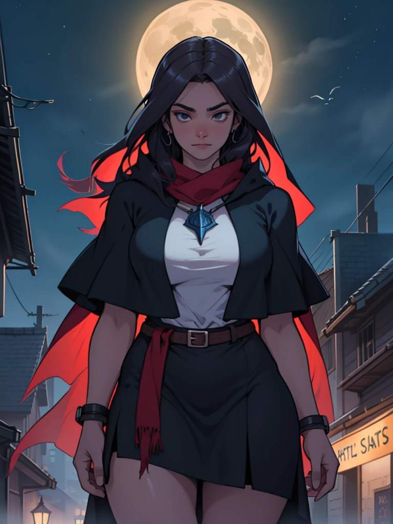 4k, high quality, cowboy shot, digital painting of beautiful young girl, witch, long dark purple hair, flowing hair, giant witches hat, long black cloak, big breasts, fully clothed, layers of cloth clothing, witch clothes, covered in darkness, in the night, night time street
