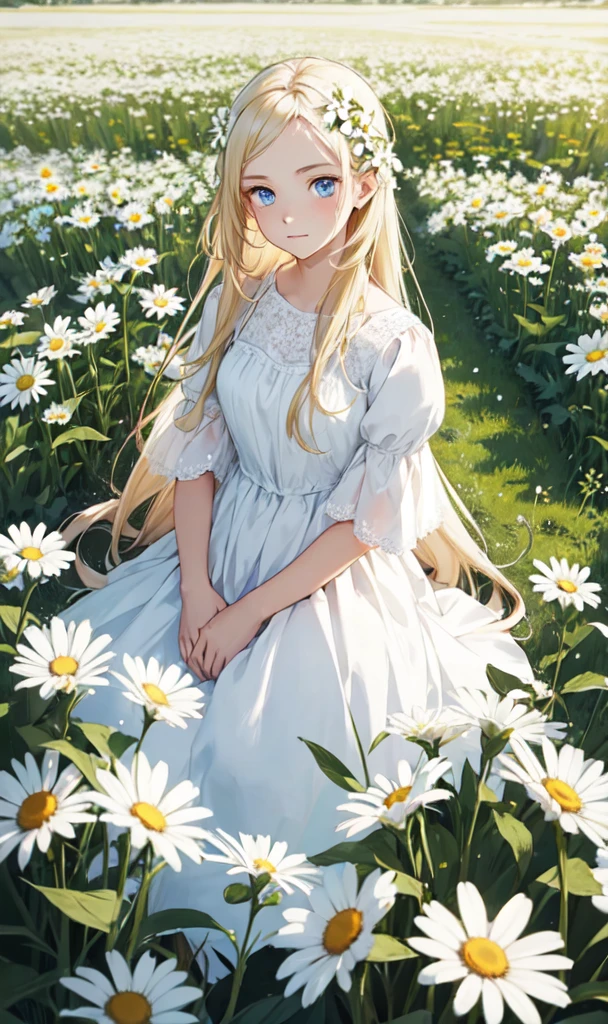 1girl,in a field of flowers,white flower,looking at viewer,blue eyes,blonde hair,daisy,long hair,pure white dress,