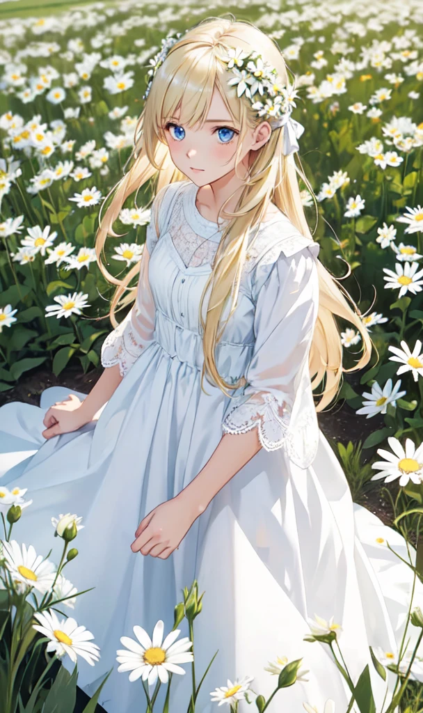 1girl,in a field of flowers,white flower,looking at viewer,blue eyes,blonde hair,daisy,long hair,pure white dress,
