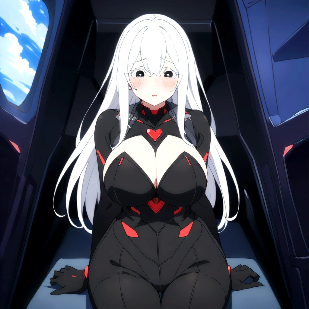 Masterpiece, High quality, High quality of art, best quality, best details, anime lineart, anime style, 1girl,solo,anime, white hair, white fluffy eyelashes, red eyeshadows, black future suit, very big breast, big hips, gray future pants, black eyes with white hearts, blushing, yandere, greedy, in space base