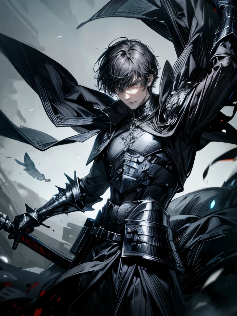 Generate an image of a tall man with sleek black short hair tousled upwards, piercing gray eyes, attire that alternates between a solid black fabric and plates forming a black scale armor. He carries a medium-sized sword on his back and two daggers on the sides, with a dead fish expression in his gaze.