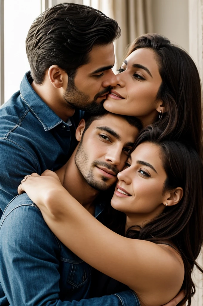 Fais un homme avec une femme sur ses genoux, ils sont nus.