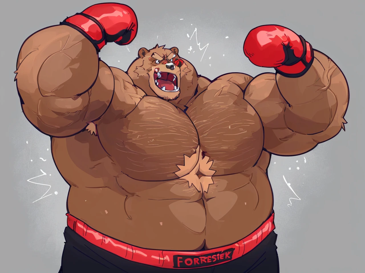 a huge muscular kodiak brown bear, extremely detailed brown fur, powerful pecs, beer belly, veins popping,red boxing gloves, black boxing pants with red line, flexing for boxing victory, masterpiece, 8k, ultra-detailed,realistic,photo-realistic,physically-based rendering,vivid colors