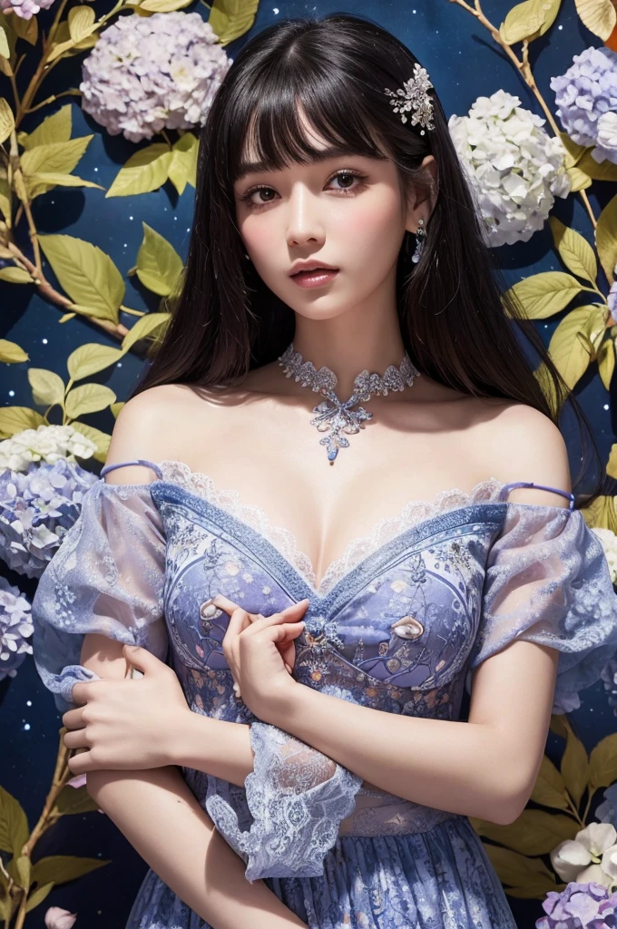 high quality, 8K Ultra HD,A beautiful double exposure image blending a starry sky with blue-purple hydrangea flowers.Colorful illustrations, flashy, Accurate and sensitive touch.Great atmosphere. A beautiful girl with long black hair and bangs wearing a black and white lace dress、He is struggling with a cat in his arms..The costume has a traditional floral pattern., The decoration is delicate and detailed.High resolution.A background filled with colorful patterns depicting ancient symbols and floral motifs. The background is richly painted with geometric shapes.、It gives depth to the character's presence.。.