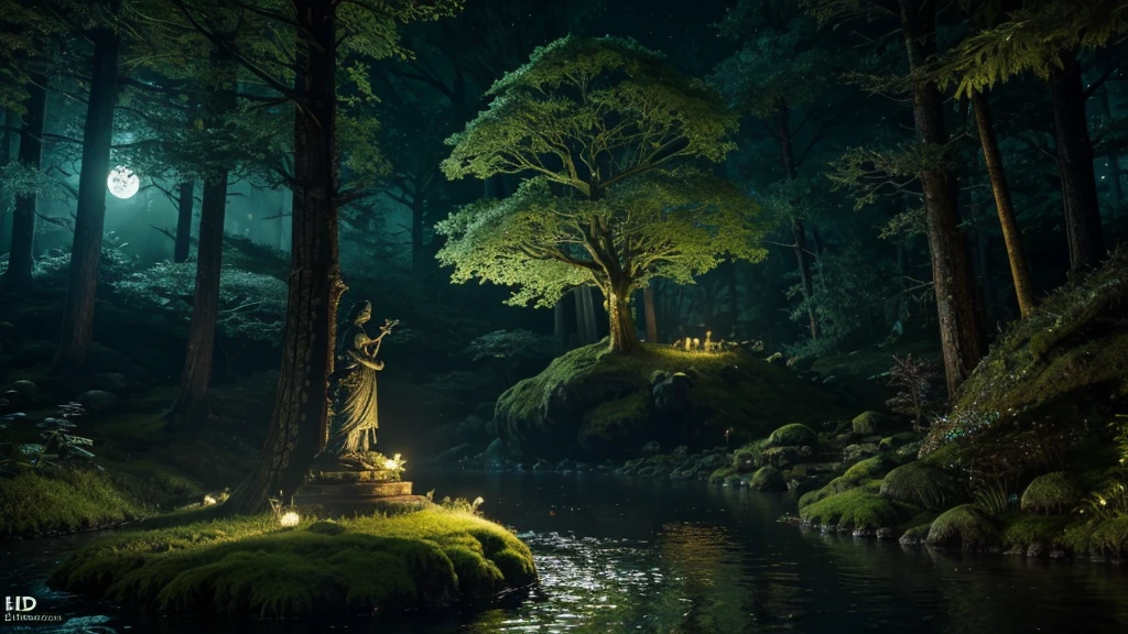 giant moon lady statue, glowing moss, night forest, glowing insects, water stream, hidden abandoned place, dnd, elden ring, fantasy setting, hd, unreal engine render, ray tracing, artstation, medieval setting, magic, closeup look