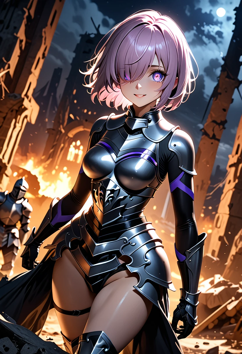 (masterpiece, top quality, best quality, beautiful and aesthetic:1.2), full body, SFW, extremely detailed, detailed face and eyes, cinematic light, depth of field, 1girl, seducing smile, solo, official, (full armored knight:1.4), dark armor, mash kyrielight, light purple hair, short hair, hair over one eye, slim body, cinematic lighting, dramatic lighting, dramatic atmosphere, hyper-realistic, high resolution, stunning contrast, high quality, best quality, 8k, 4k, intricately detailed, (amazing details:1.2), highly detailed skin, powerful presence, vibrant colors, (detailed eyes:1.2), striking eyes, (detailed background), (warzone on background, night, ruins), (dynamic angle:1.2), (dynamic pose:1.2)