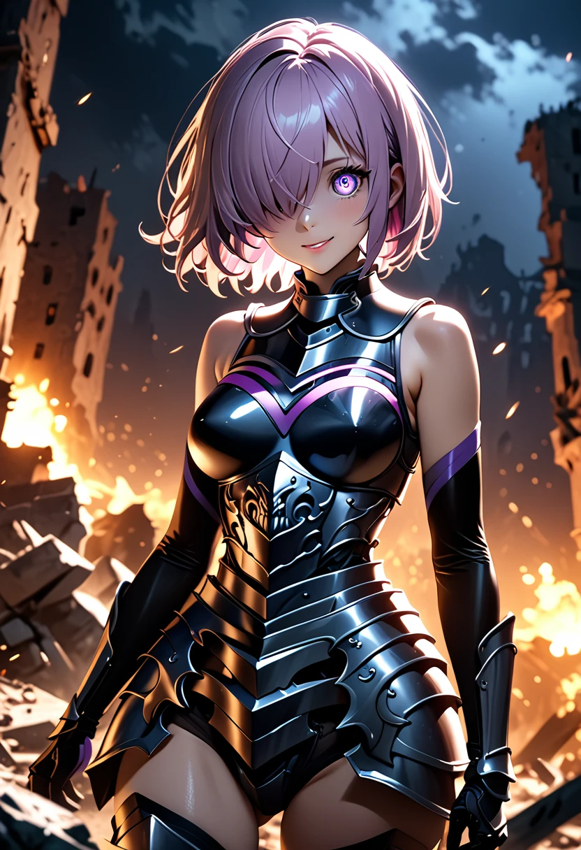 (masterpiece, top quality, best quality, beautiful and aesthetic:1.2), full body, extremely detailed, detailed face and eyes, cinematic light, depth of field, 1girl, seducing smile, solo, official, (armored knight:1.4), dark armor, mash kyrielight, light purple hair, short hair, hair over one eye, slim body, cinematic lighting, dramatic lighting, dramatic atmosphere, hyper-realistic, high resolution, stunning contrast, high quality, best quality, 8k, 4k, intricately detailed, (amazing details:1.2), highly detailed skin, powerful presence, vibrant colors, (detailed eyes:1.2), striking eyes, (detailed background), (warzone on background, night, ruins), (dynamic angle:1.2), (dynamic pose:1.2)