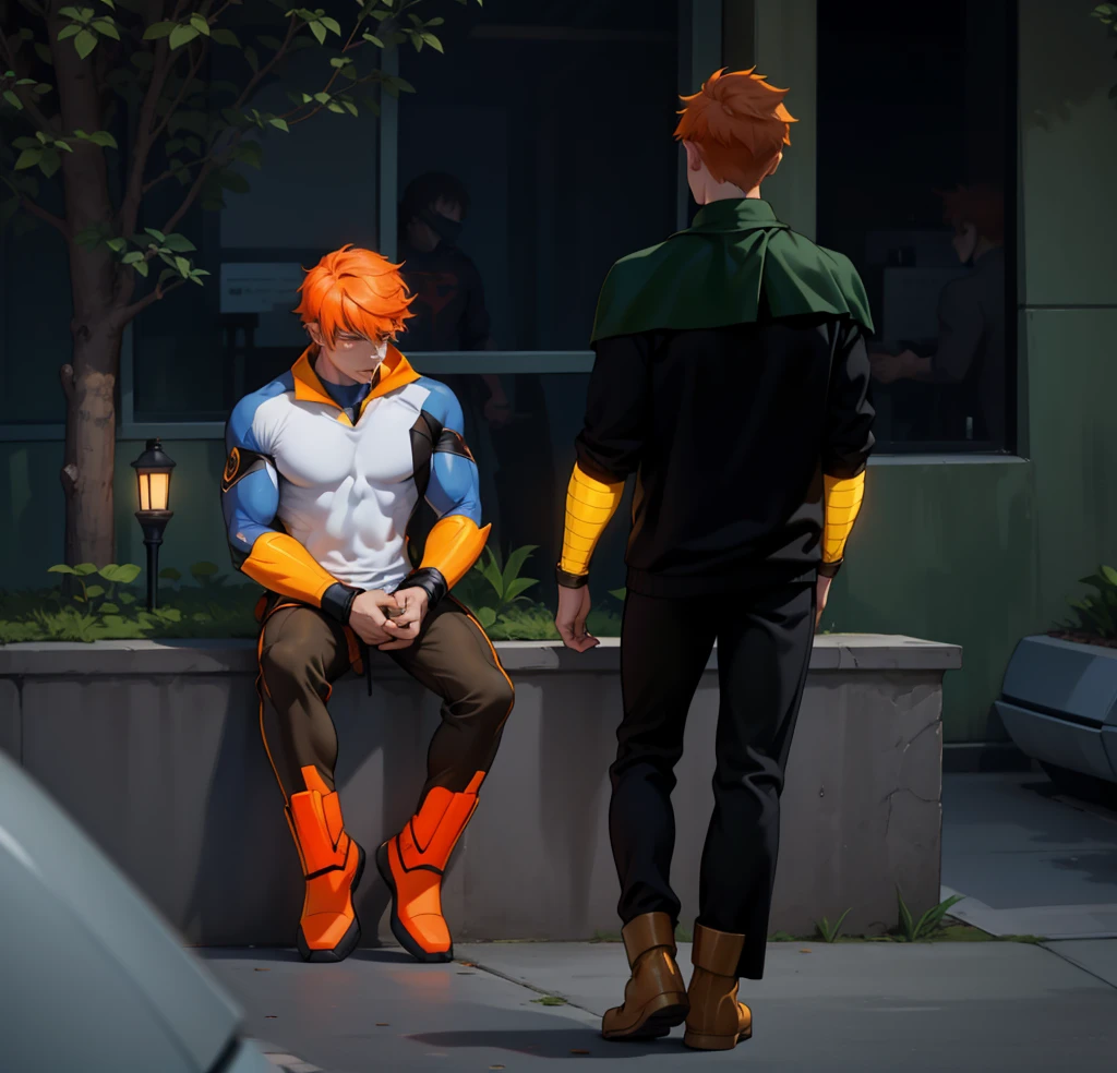 There are two young men of 17, one sitting with orange hair and the other walking towards him., They both have superhero costumes, they have golden superhero boots, the clothes are tight to the body, you can see some muscles on them.