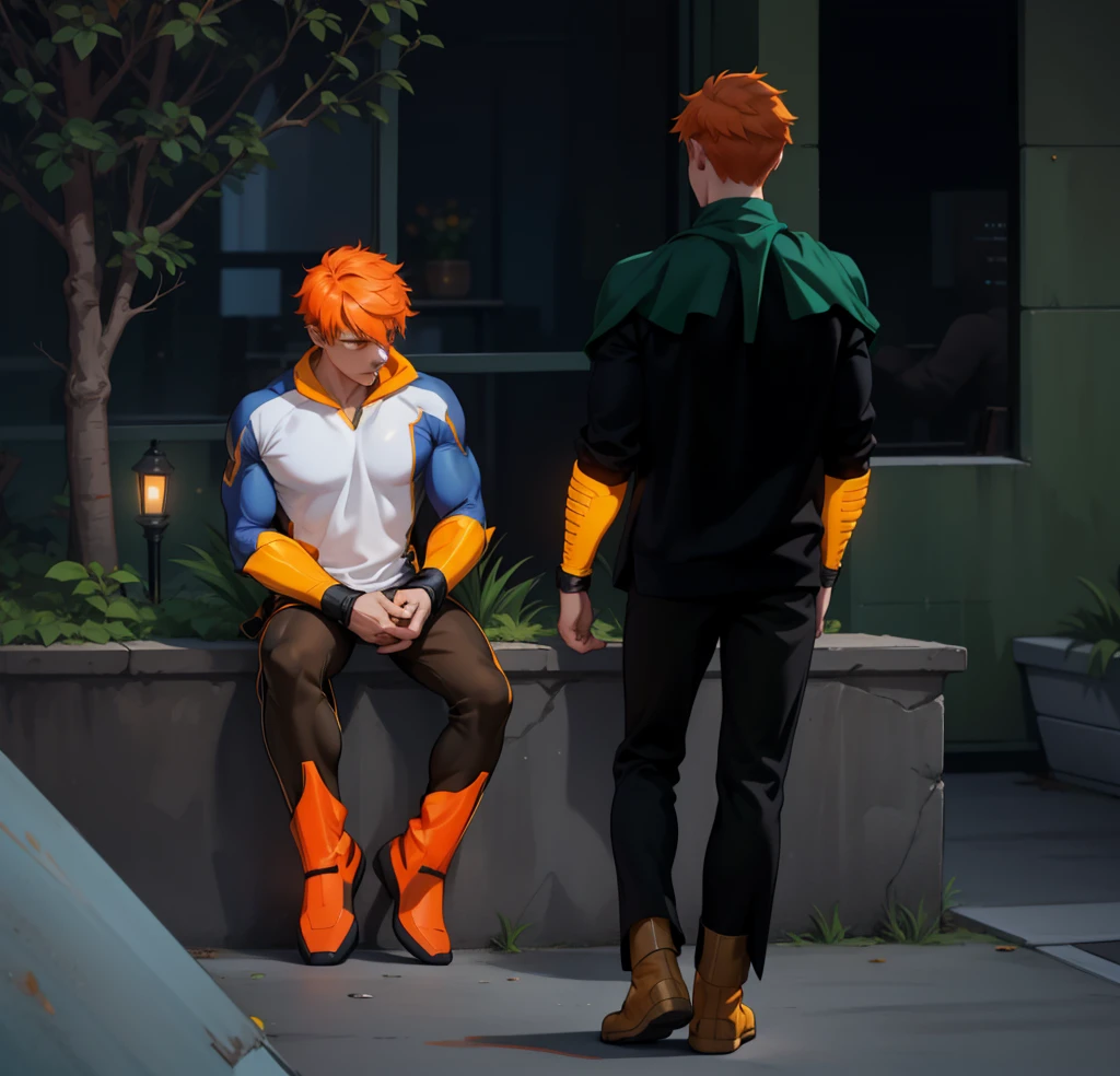 There are two young men of 17, one sitting with orange hair and the other walking towards him., They both have superhero costumes, they have golden superhero boots, the clothes are tight to the body, you can see some muscles on them.
