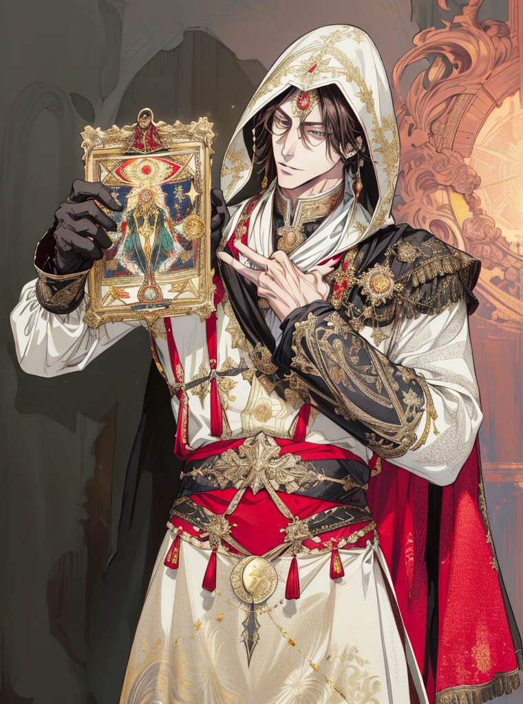 (absurdrez, high resolution, super verbose), 1 men, eyes black, chestnut hair, academic temperament, all black formal wear, Victorian Clothes, Obra de artistry, (absurdrezres:1.1), best qualityer, extremely delicate, (rosto bonitas:1.1), chic, (great composition), bags under the eyes, Obra de artistry, (sinister grin {(best qualityer, 8K, Obra de artistry, hdr, soft lighting, picture-perfect, Digital illustration, manhwa artistry, hyper-detailed image, Perfect lines, realisitic)} 1 very bonitas man, shoulder length blonde hair, Eyes red, luxury clothes (imposing posture, black background with golden sparkles)}02 confident smile (absurdrez, high resolution, super verbose), 1 men, eyes black, long shoulder length blonde hair, gold colored clothing and white formal clothing, Victorian Clothes, White cloack, (cold beauty: 1.2), grown-up, bonitas, skinny man, broadshouldered, fine eyes and detailed face, GOD, symbolism, sun visual artistrys, occult, universal, visual projection, philosopy, iconography, numerology, pop, artistry, alfonse Mucha main colors gold red white GOD of the sun