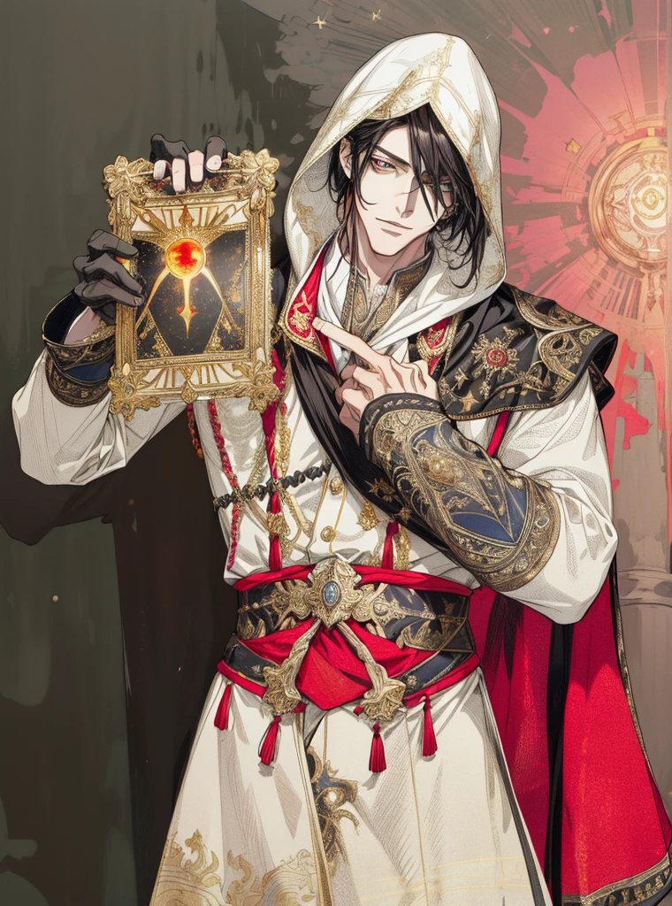 (absurdrez, high resolution, super verbose), 1 men, eyes black, chestnut hair, academic temperament, all black formal wear, Victorian Clothes, Obra de artistry, (absurdrezres:1.1), best qualityer, extremely delicate, (rosto bonitas:1.1), chic, (great composition), bags under the eyes, Obra de artistry, (sinister grin {(best qualityer, 8K, Obra de artistry, hdr, soft lighting, picture-perfect, Digital illustration, manhwa artistry, hyper-detailed image, Perfect lines, realisitic)} 1 very bonitas man, shoulder length blonde hair, Eyes red, luxury clothes (imposing posture, black background with golden sparkles)}02 confident smile (absurdrez, high resolution, super verbose), 1 men, eyes black, long shoulder length blonde hair, gold colored clothing and white formal clothing, Victorian Clothes, White cloack, (cold beauty: 1.2), grown-up, bonitas, skinny man, broadshouldered, fine eyes and detailed face, GOD, symbolism, sun visual artistrys, occult, universal, visual projection, philosopy, iconography, numerology, pop, artistry, alfonse Mucha main colors gold red white GOD of the sun