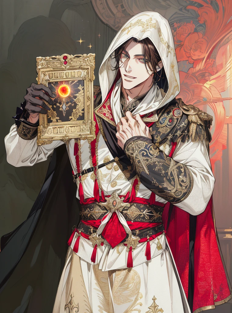 (absurdrez, high resolution, super verbose), 1 men, eyes black, chestnut hair, academic temperament, all black formal wear, Victorian Clothes, Obra de artistry, (absurdrezres:1.1), best qualityer, extremely delicate, (rosto bonitas:1.1), chic, (great composition), bags under the eyes, Obra de artistry, (sinister grin {(best qualityer, 8K, Obra de artistry, hdr, soft lighting, picture-perfect, Digital illustration, manhwa artistry, hyper-detailed image, Perfect lines, realisitic)} 1 very bonitas man, shoulder length blonde hair, Eyes red, luxury clothes (imposing posture, black background with golden sparkles)}02 confident smile (absurdrez, high resolution, super verbose), 1 men, eyes black, long shoulder length blonde hair, gold colored clothing and white formal clothing, Victorian Clothes, White cloack, (cold beauty: 1.2), grown-up, bonitas, skinny man, broadshouldered, fine eyes and detailed face, GOD, symbolism, sun visual artistrys, occult, universal, visual projection, philosopy, iconography, numerology, pop, artistry, alfonse Mucha main colors gold red white GOD of the sun