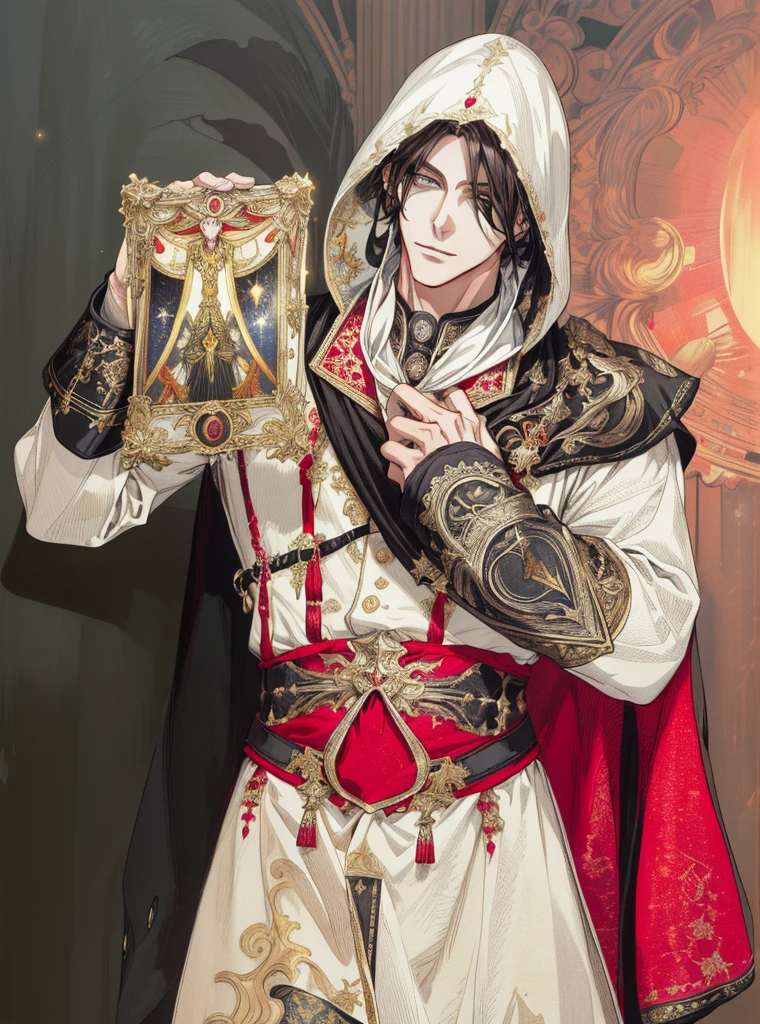 (absurdrez, high resolution, super verbose), 1 men, eyes black, chestnut hair, academic temperament, all black formal wear, Victorian Clothes, Obra de artistry, (absurdrezres:1.1), best qualityer, extremely delicate, (rosto bonitas:1.1), chic, (great composition), bags under the eyes, Obra de artistry, (sinister grin {(best qualityer, 8K, Obra de artistry, hdr, soft lighting, picture-perfect, Digital illustration, manhwa artistry, hyper-detailed image, Perfect lines, realisitic)} 1 very bonitas man, shoulder length blonde hair, Eyes red, luxury clothes (imposing posture, black background with golden sparkles)}02 confident smile (absurdrez, high resolution, super verbose), 1 men, eyes black, long shoulder length blonde hair, gold colored clothing and white formal clothing, Victorian Clothes, White cloack, (cold beauty: 1.2), grown-up, bonitas, skinny man, broadshouldered, fine eyes and detailed face, GOD, symbolism, sun visual artistrys, occult, universal, visual projection, philosopy, iconography, numerology, pop, artistry, alfonse Mucha main colors gold red white GOD of the sun