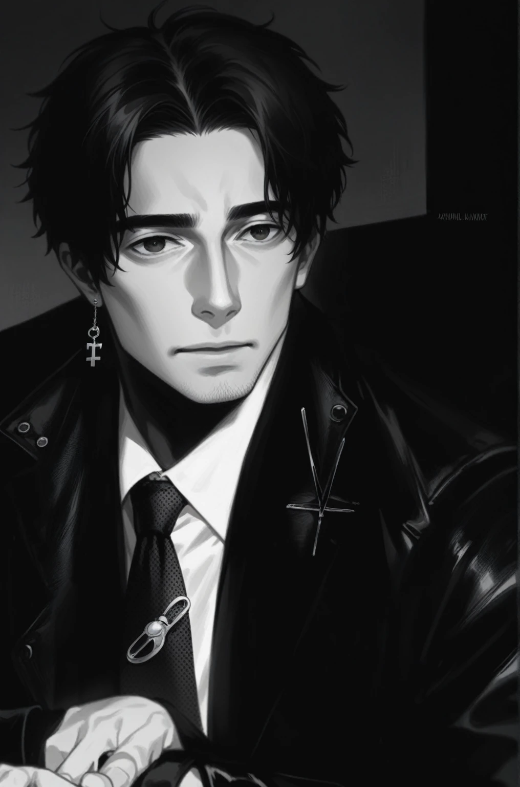 Arafed image of a man in a leather jacket and tie., cai xukun, kim taejin, jinyoung shin, key still, close up portrait, black haired yoongi, hyung tae, closeup portrait, jungkook, Jung Jaehyun, Official photo, close - up portrait, ten reads, Conceptual photo, from my part, portrait, jinyoung shin aesthetic