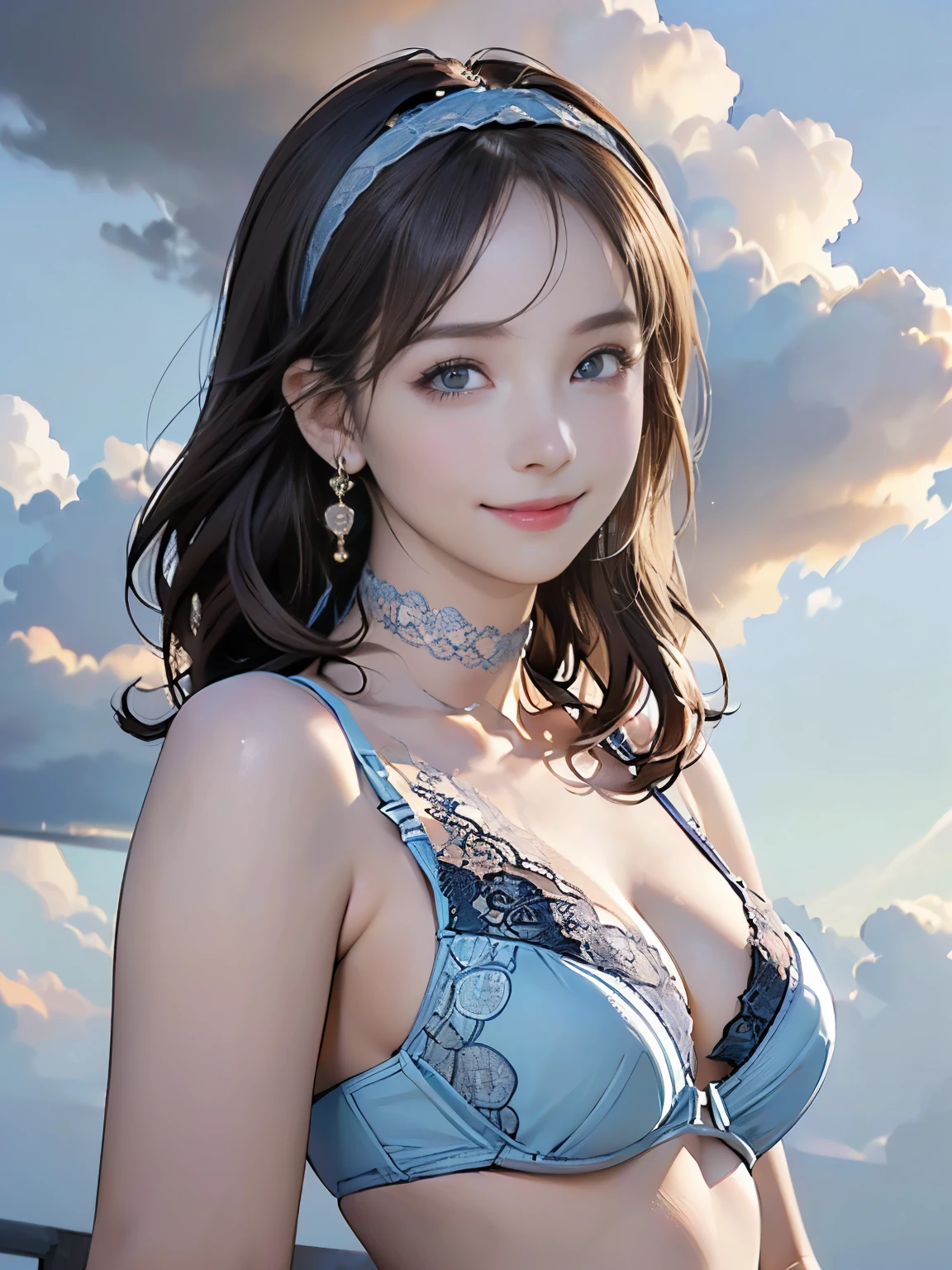 ((((Highest quality))))、(((Ultra-precision CG16K wallpaper)))、(((masterpiece)))、(((Super detailed)))、(((Extreme detail)))、((１Mature 29 year old woman:1.6))、((Very beautiful Japan face of a person))、((Urizane Face:1.8))、((Medium Straight Hair:1.6))、(Shiny Hair)、A delicately drawn beautiful face、Dark Eyes、double eyelid、High nose、Small nostrils、Small Mouth、Seductive lips、Beautiful breasts、((C cup size breasts))、Cleavage、eight-headed body、Perfect proportions、Perfect Anatomy、Perfect composition、Beautiful detailed shading、Beautiful, natural lighting、Beautiful detail glow、Depth of written boundary、(((High chroma)))、(((Real:1.9)))、((vivid:1.5))、((Beautiful Skin))、((Skin Texture))、((Realな皮膚感))、(((Bust Shot:1.6)))、(((front view、shoot from front、front low angle:1.6)))、(((smile:1.6)))、((looking at viewer:1.6))、Bright daylight、Natural light、(((background_Sky and Clouds:1.5)))、(Standing pose:1.6)、(((Light blue lace bikini bra:1.6)))、((hair band、choker、Wearing earrings:1.5))、